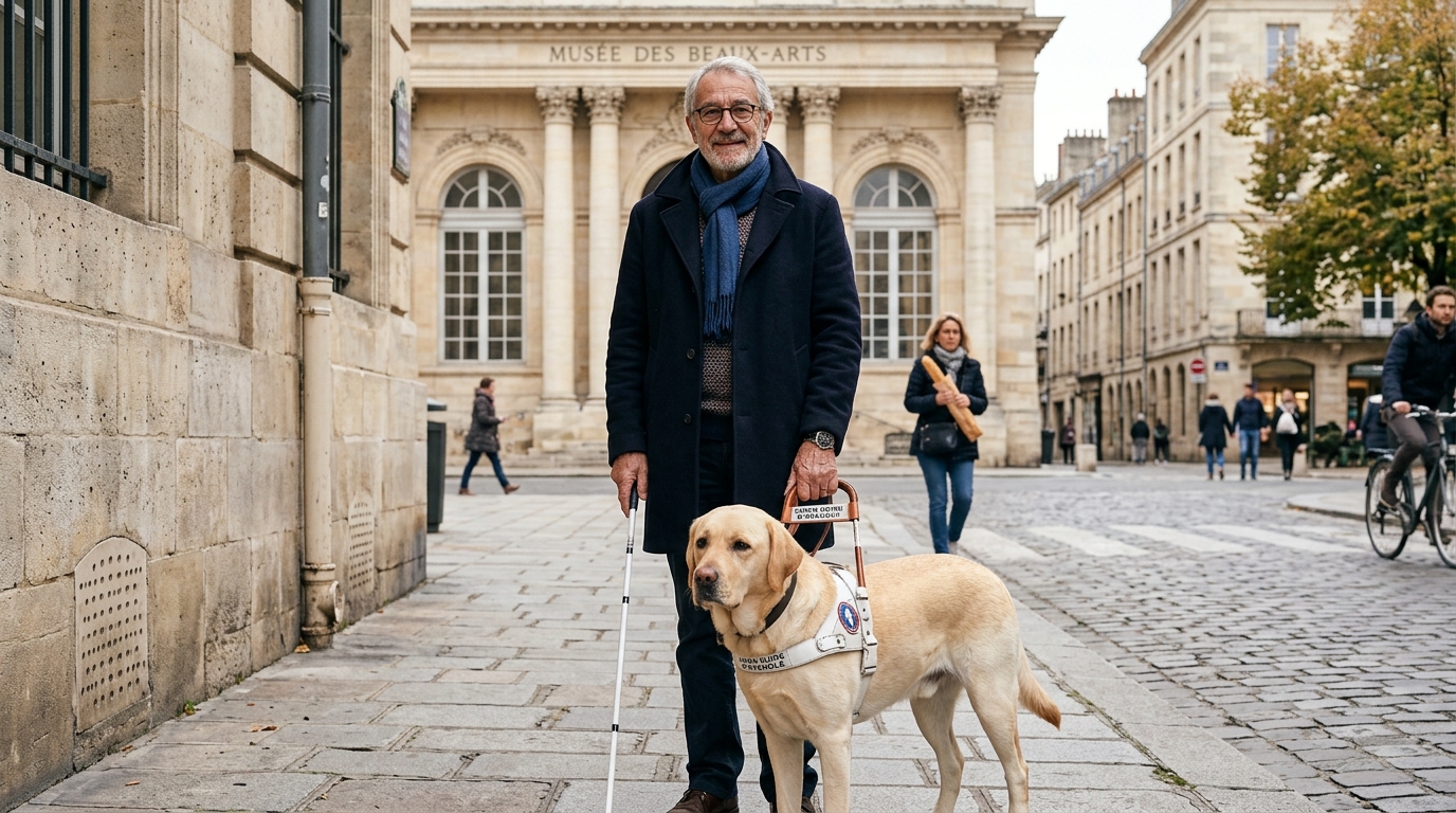 Un senior malvoyant avec sa canne et son chien guide devant l'entrée d'un musée.