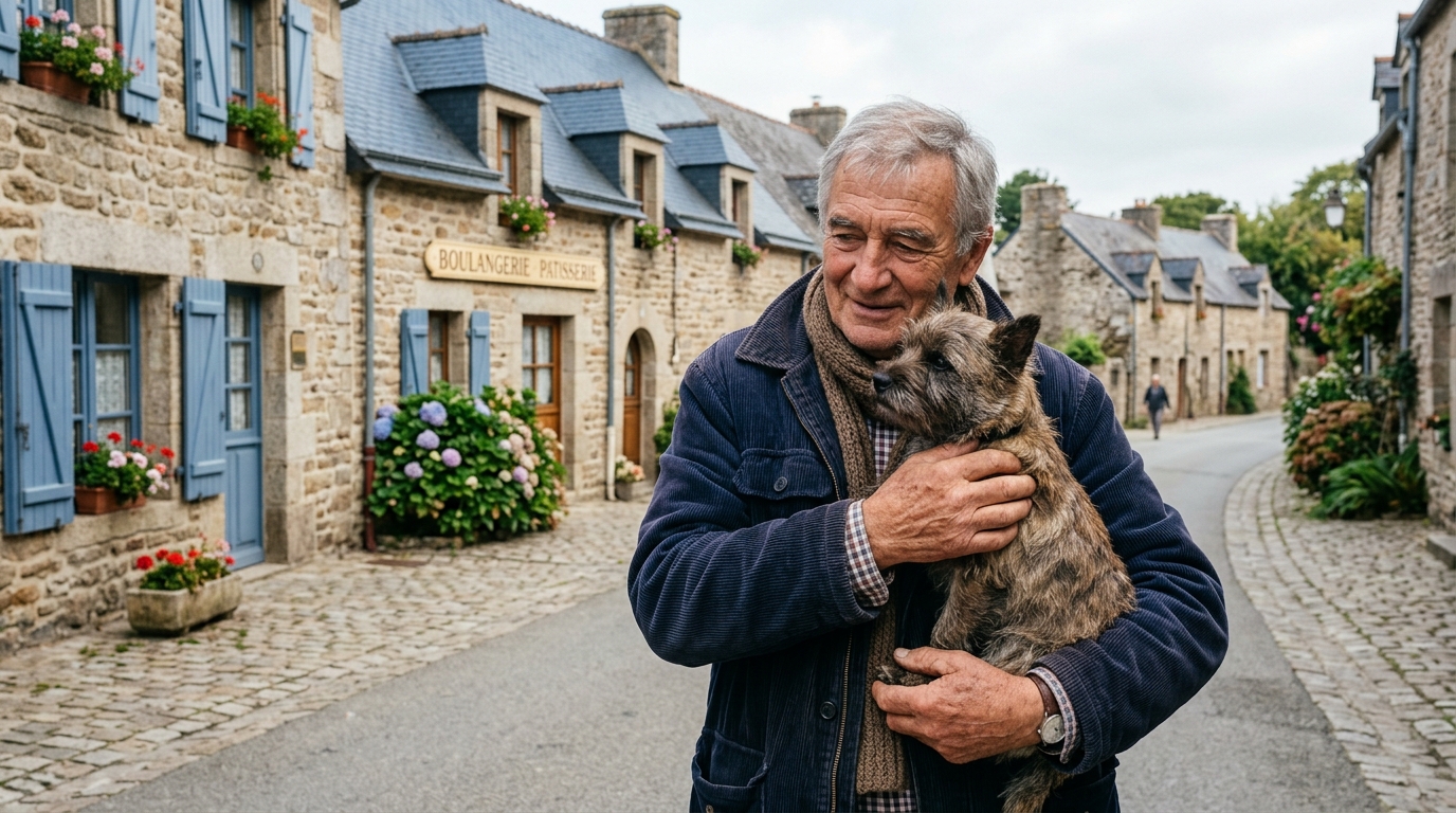 Un homme tenant son petit chien dans ses bras dans une rue bretonne.