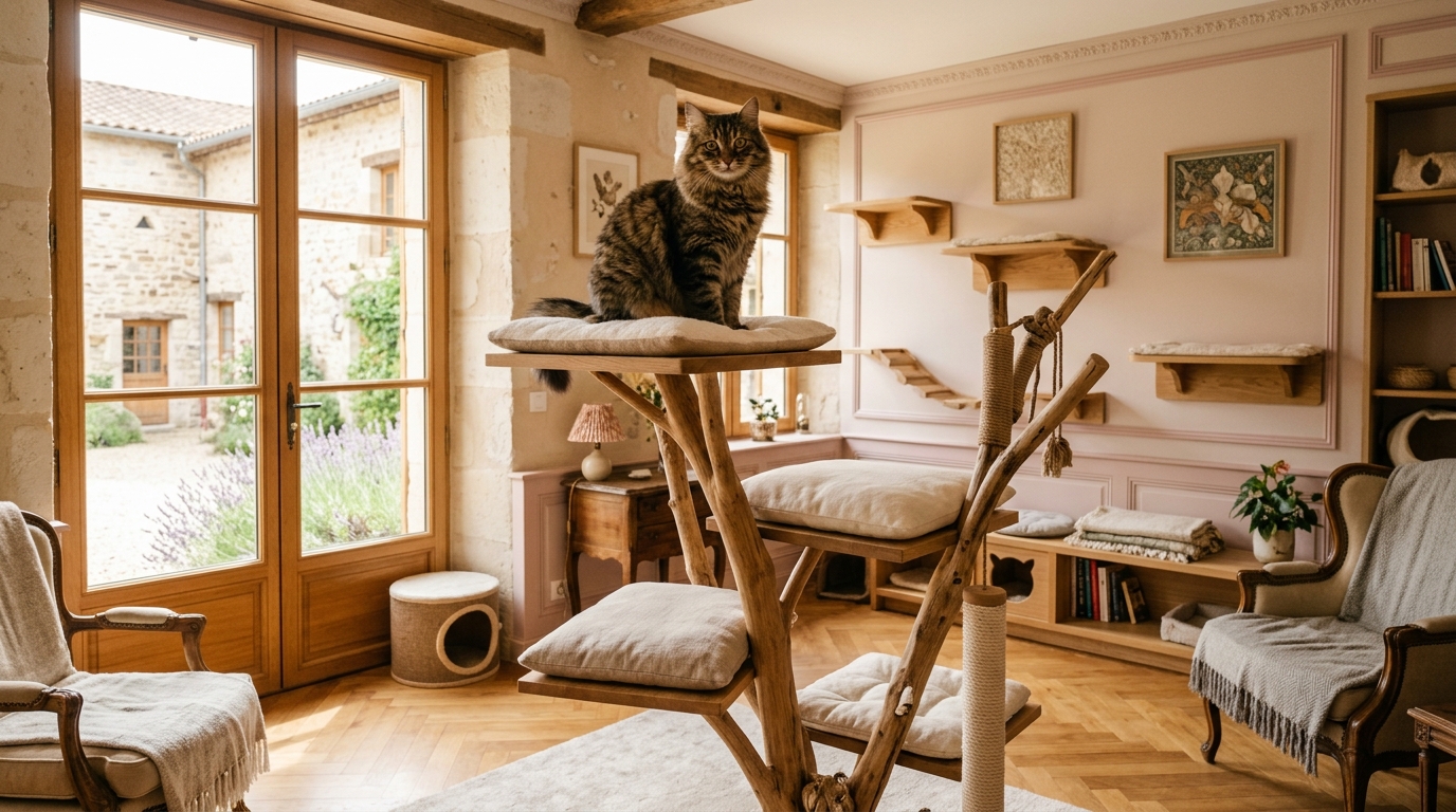 Un chat assis confortablement dans une chambre individuelle en bois d'un hôtel félin