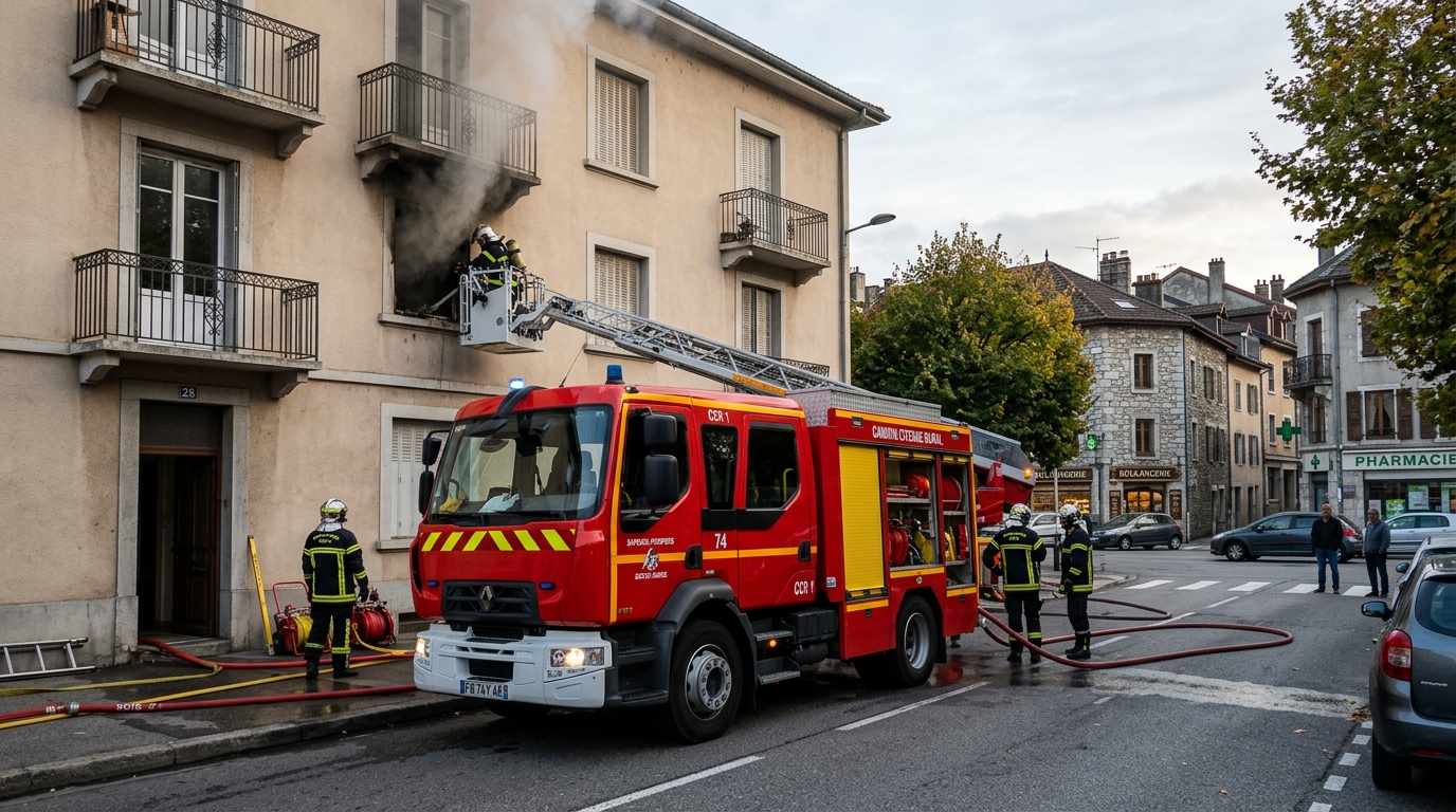 Camion de sapeurs-pompiers français en intervention devant un immeuble