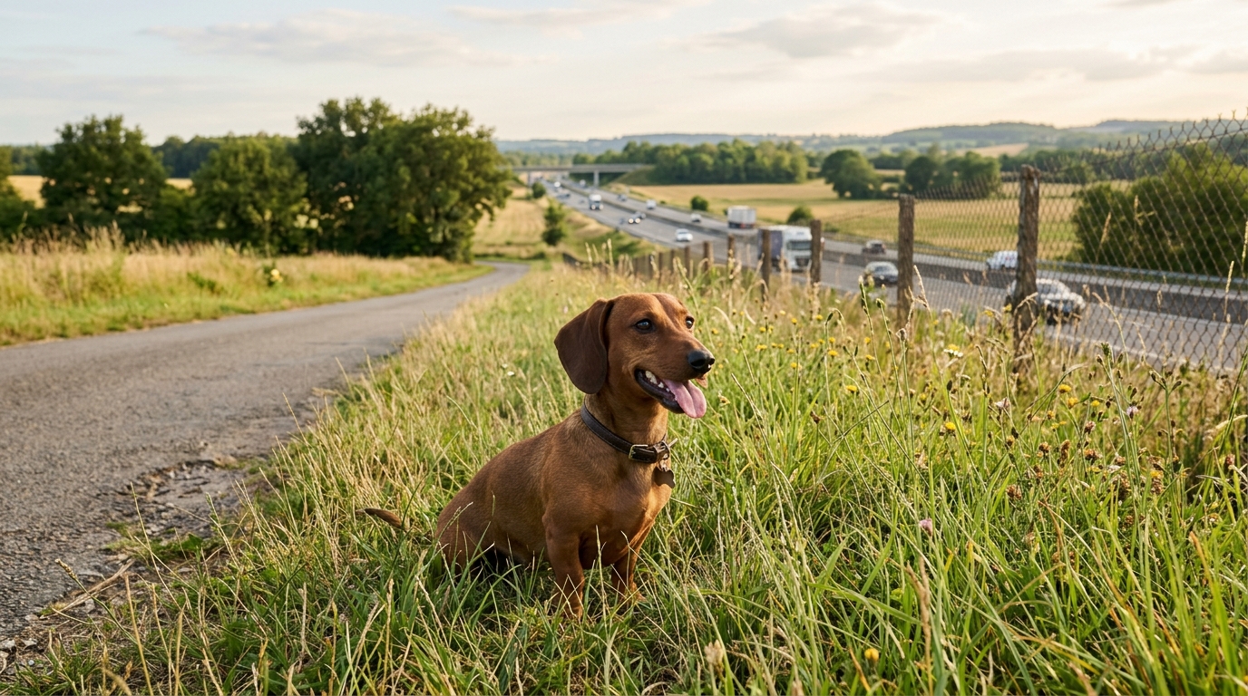 Une petite chienne Teckel marron dans l'herbe au bord d'une route de campagne en France