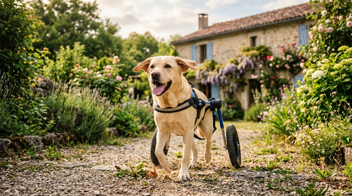 Un labrador jaune esquisse un sourire en avançant avec son fauteuil roulant dans un jardin.