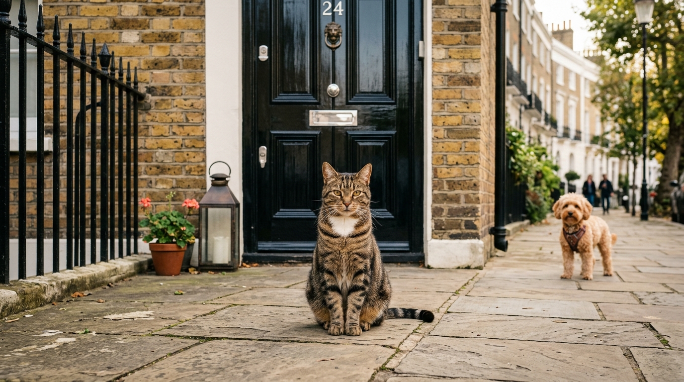 Un chat tigré assis majestueusement devant une porte noire londonienne emblématique