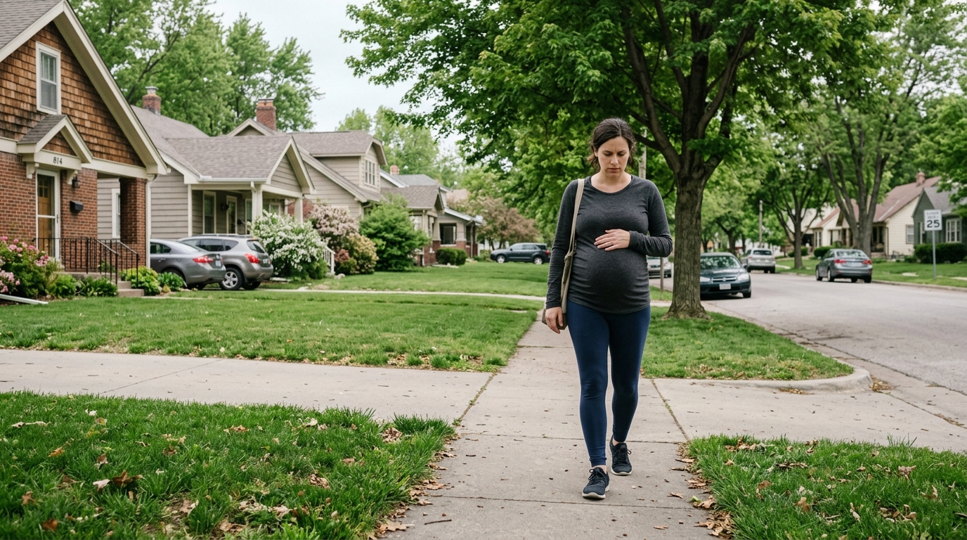 Une femme enceinte marchant dans une rue résidentielle du Kansas aux États-Unis