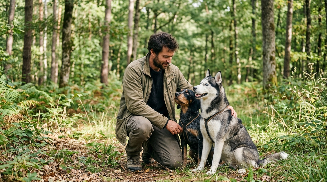 Un musher au milieu de sa meute de chiens nordiques dans une clairière française.