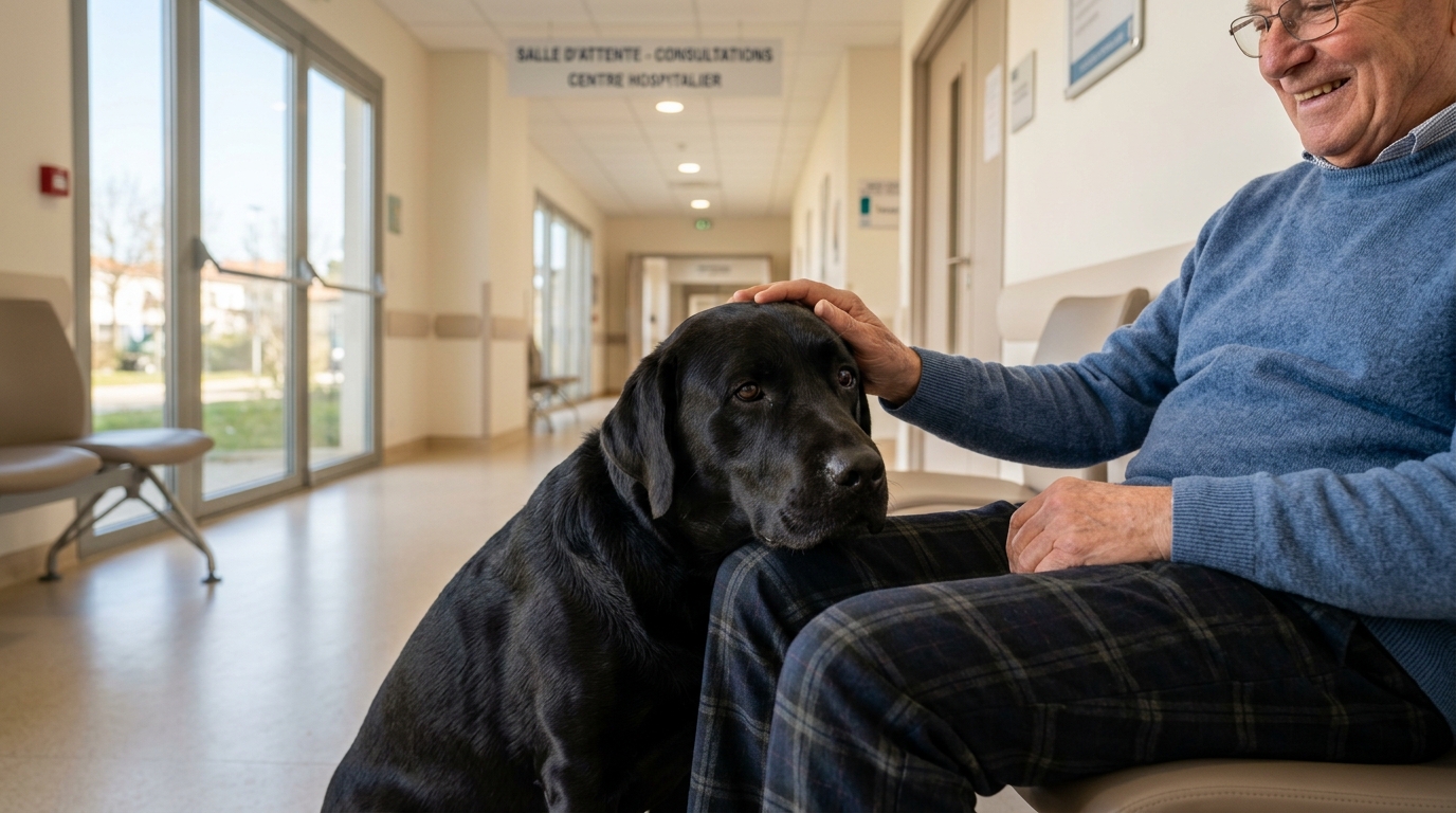 Nougaro, un Labrador noir, apportant du réconfort à un patient à l'hôpital
