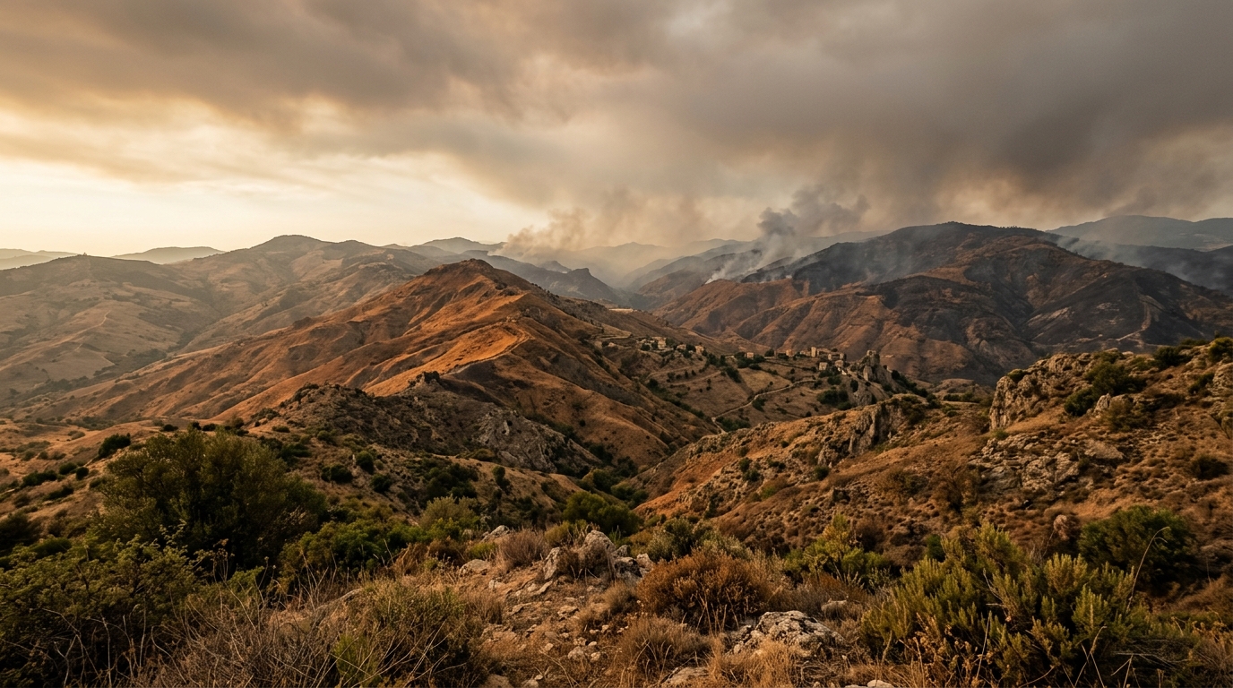 Paysage de collines arides en Calabre balayé par la fumée des incendies de forêt.