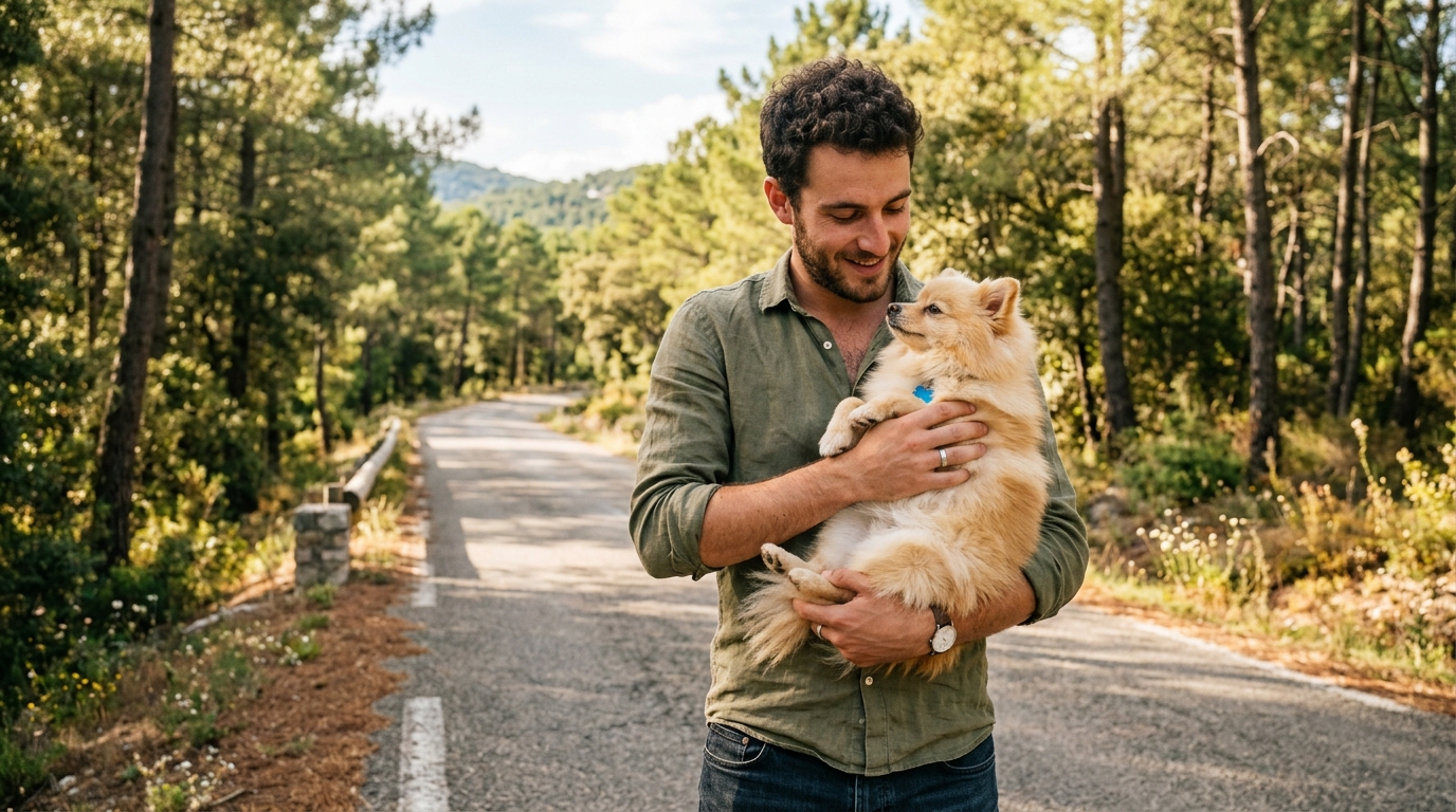 Un homme réconforte un petit chien Spitz allemand sauvé du danger sur le bord d'une route.
