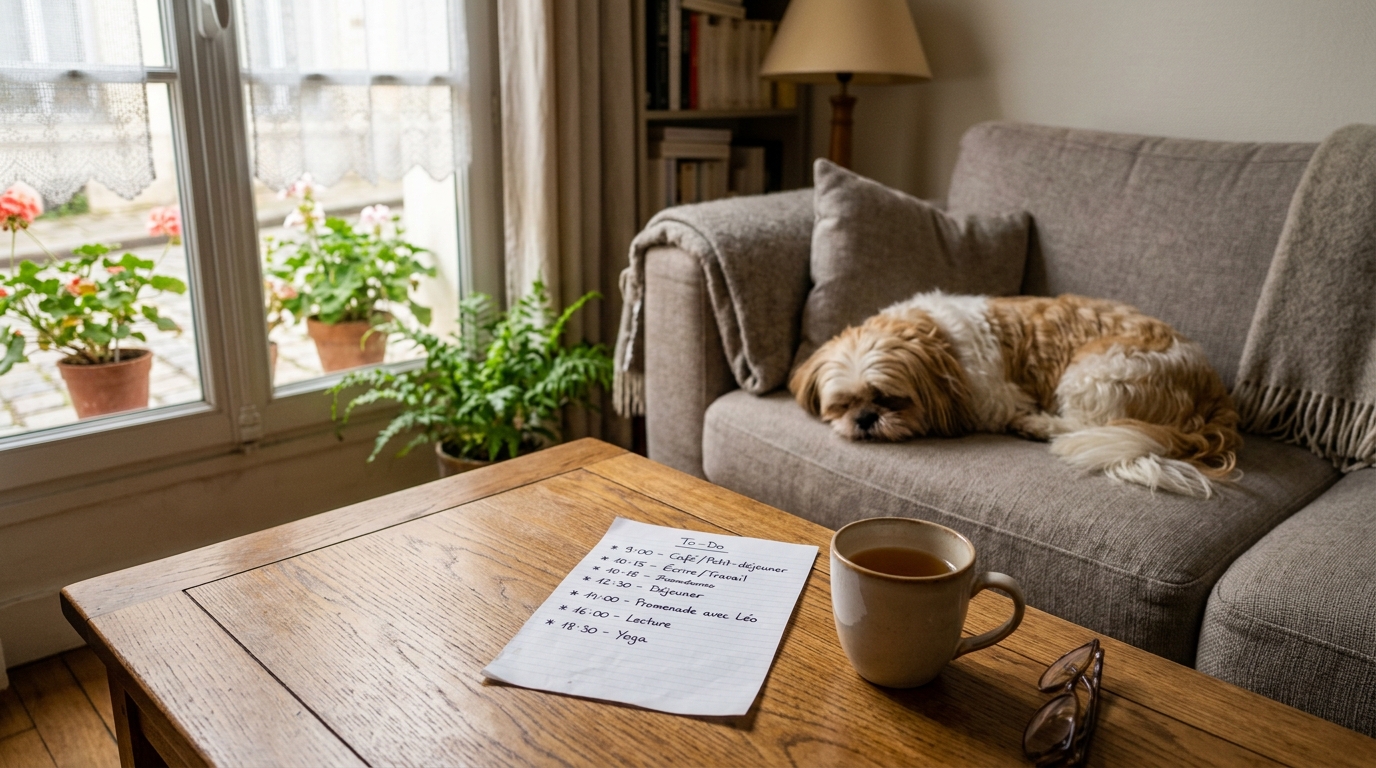 Une feuille de papier manuscrite posée sur une table en bois près d un adorable chien Shih Tzu