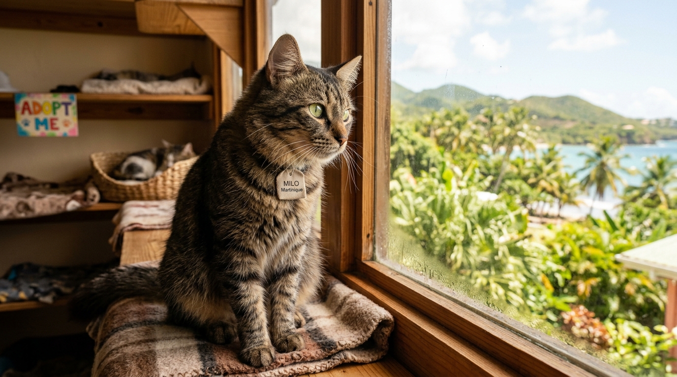 Un chat tabby au regard doux assis dans un refuge en Martinique