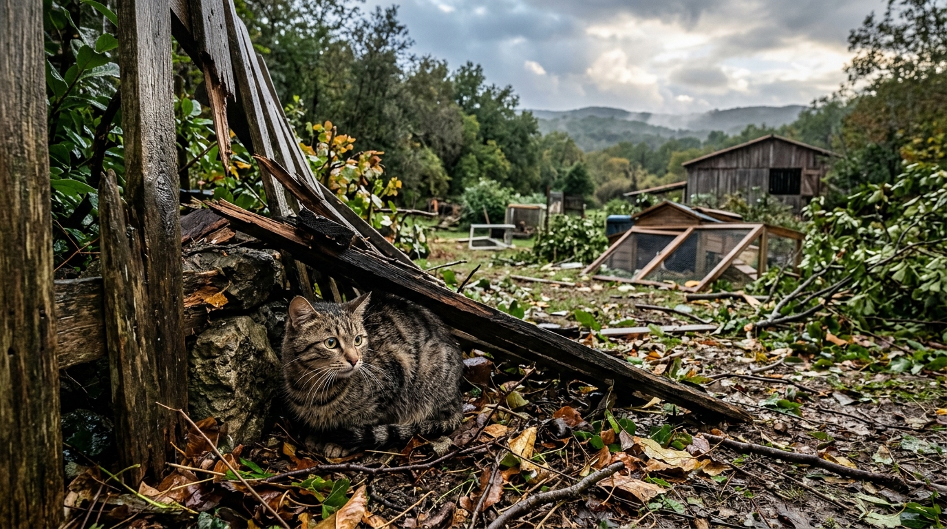 Un chat effrayé assis au milieu de débris après une tempête dans un refuge