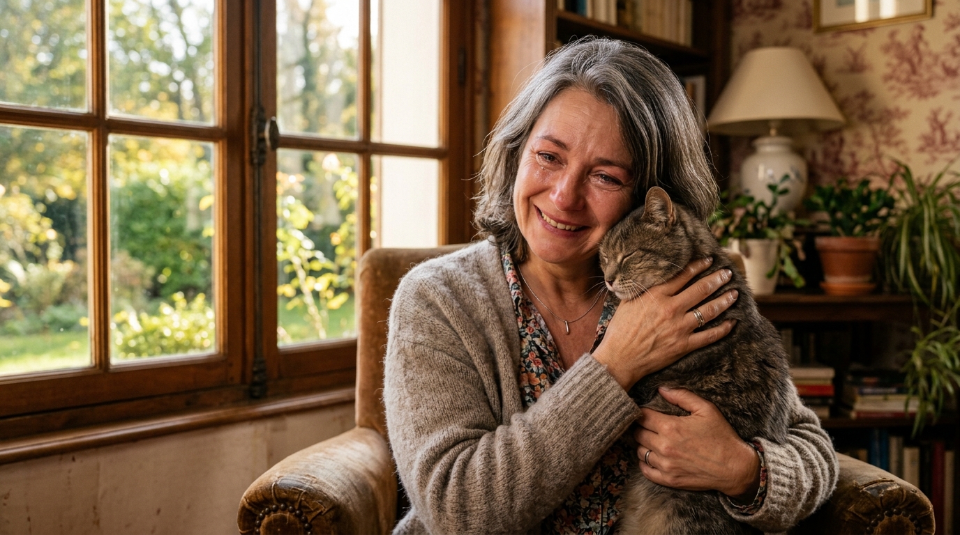 Un chat âgé câlin blotti tendrement contre les bras de sa maîtresse