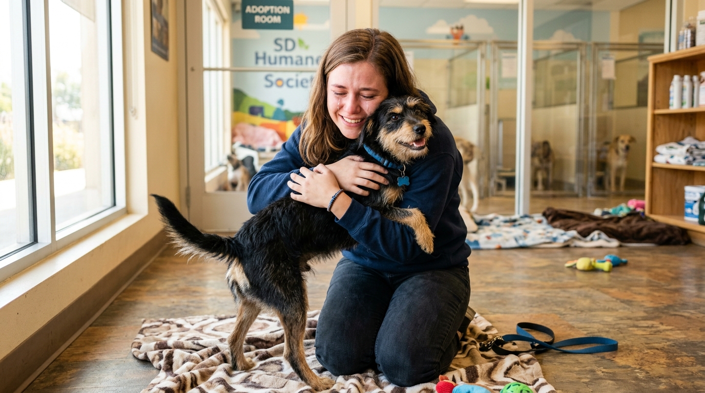 Une chienne pose ses pattes sur sa maîtresse émue lors de leurs retrouvailles dans un refuge.