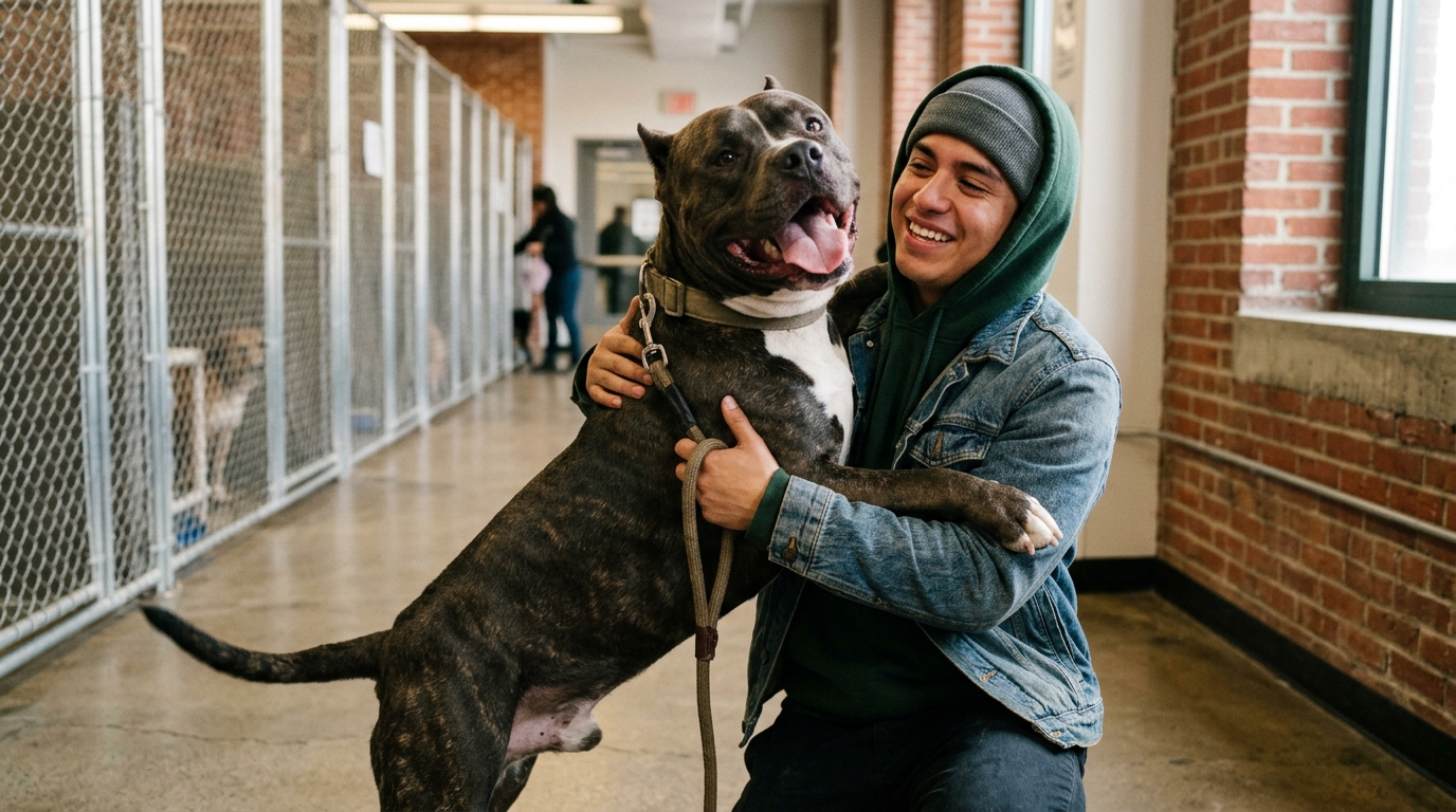 Un grand chien American Bully sautant de joie dans les bras de son maître au refuge