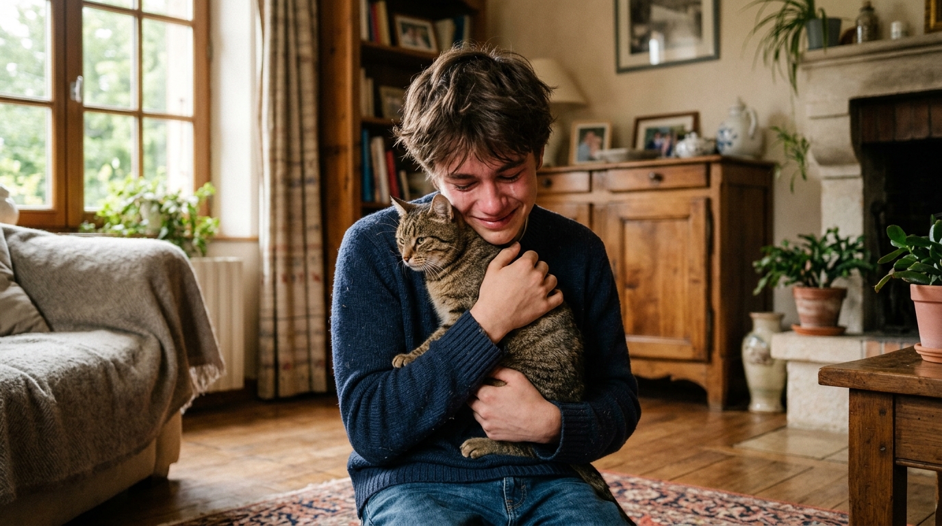 Un jeune garçon ému serrant son chat tigré retrouvé dans un salon chaleureux