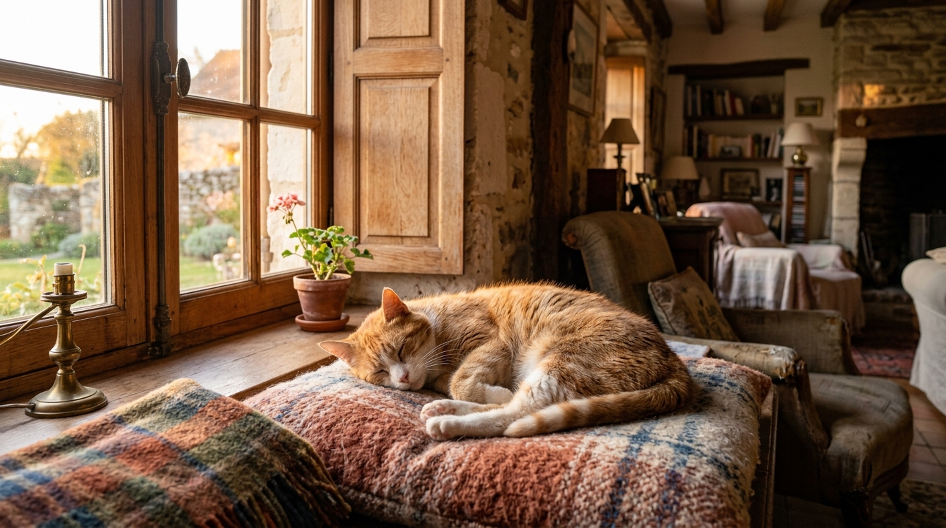 Un chat âgé roux et blanc dormant confortablement dans un salon chaleureux en France