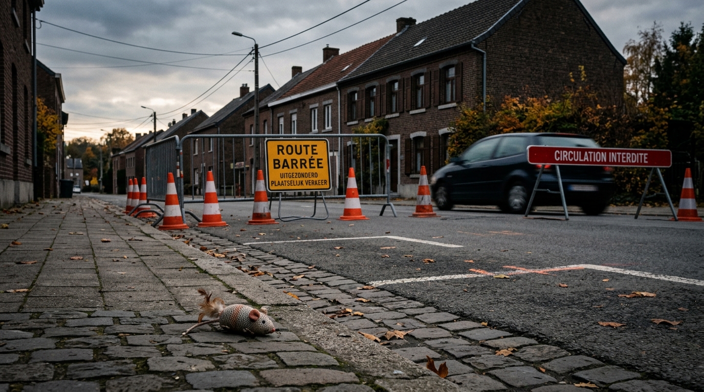 Panneau de rue en travaux et barrière de chantier sous une lumière sombre.