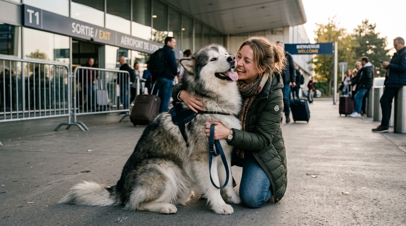 Un grand chien Malamute de l'Alaska souriant tenu en laisse par sa maîtresse.