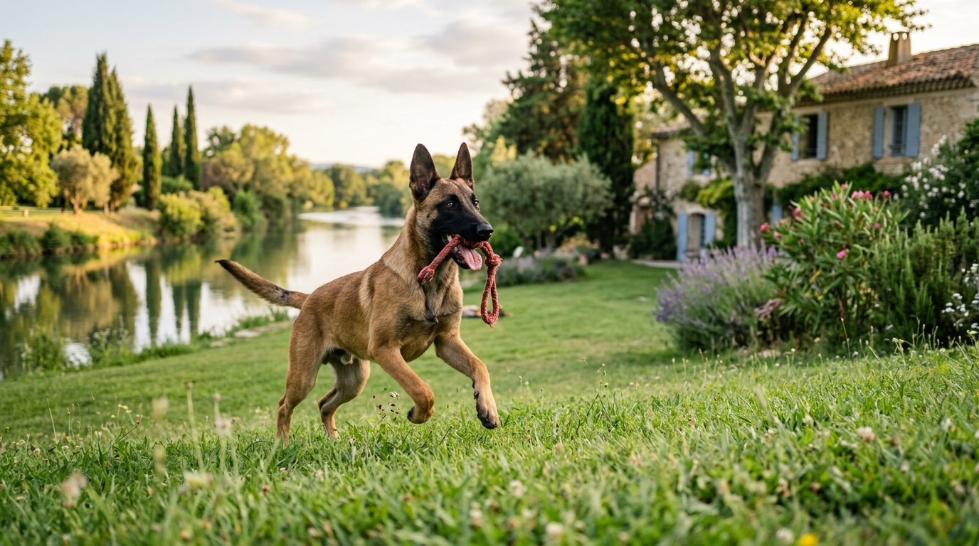 Salto, un jeune chien Malinois sauvé de l'euthanasie, jouant joyeusement dans un jardin.