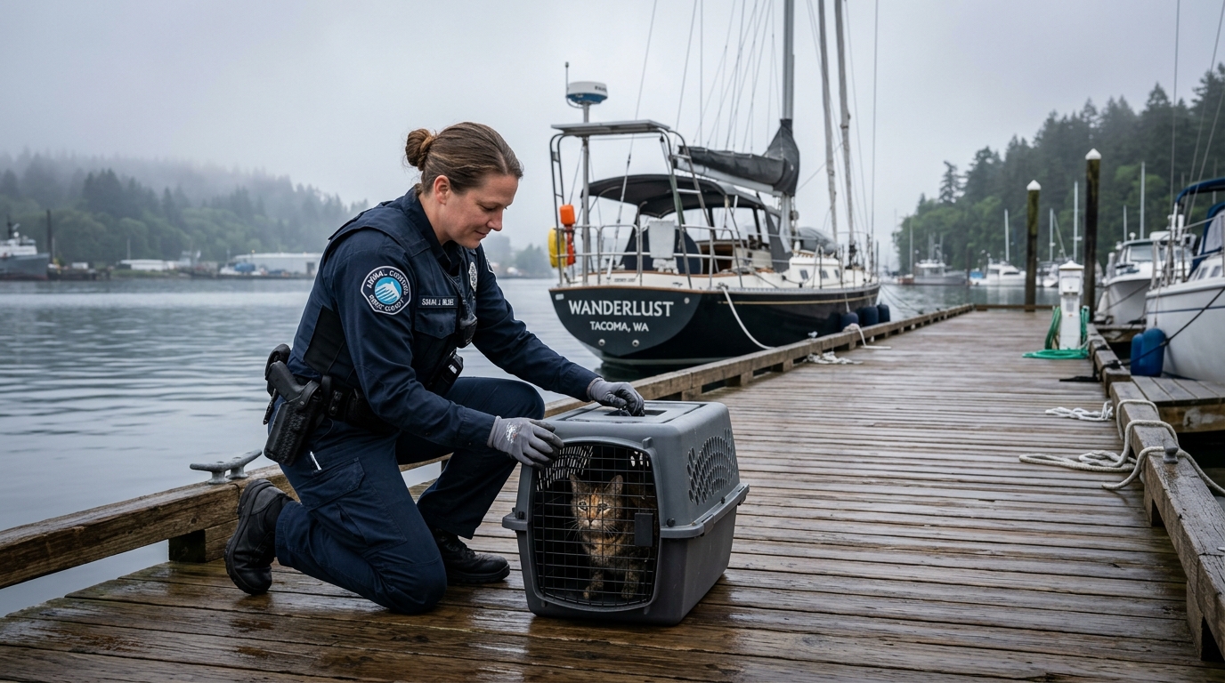 Un chat secouru à bord d'un voilier par les équipes de protection animale