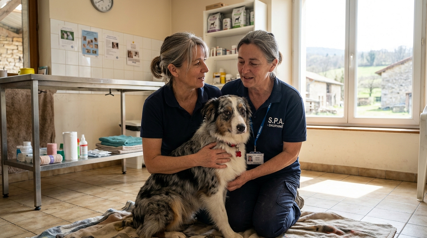 Un bénévole réconforte un berger australien apeuré après son sauvetage en Isère.