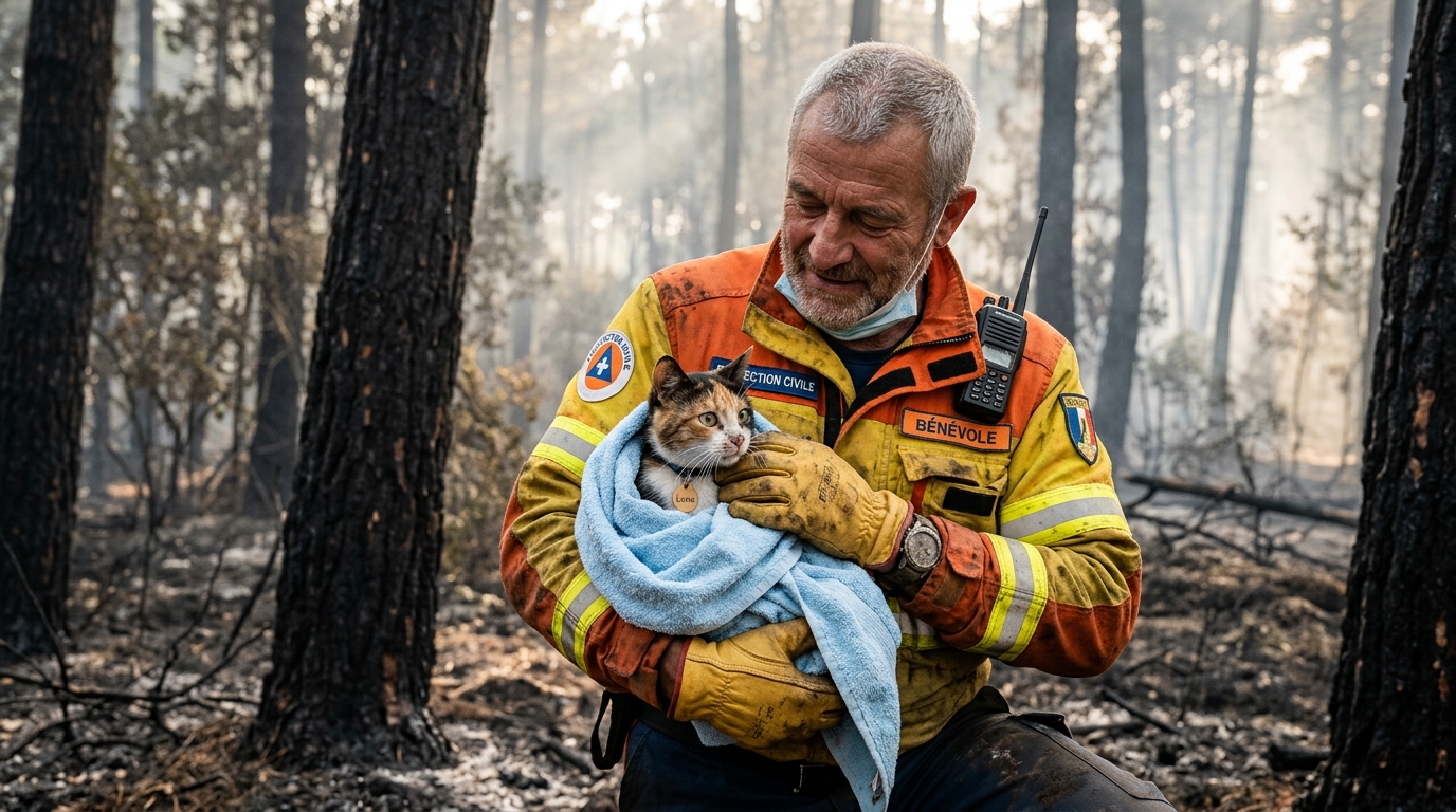 Un secouriste protège un chat apeuré rescapé d'un incendie de forêt en Gironde