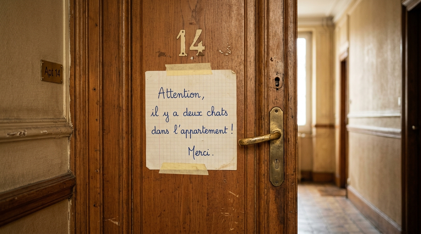 Un mot manuscrit sur une porte signalant deux chats abandonnés dans un appartement.