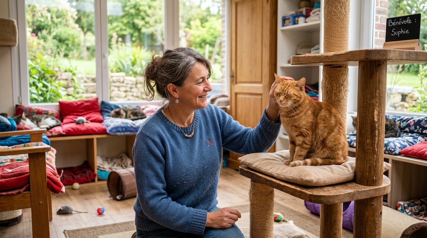 Une bénévole caressant un chat secouru dans une chatterie du Vimeu
