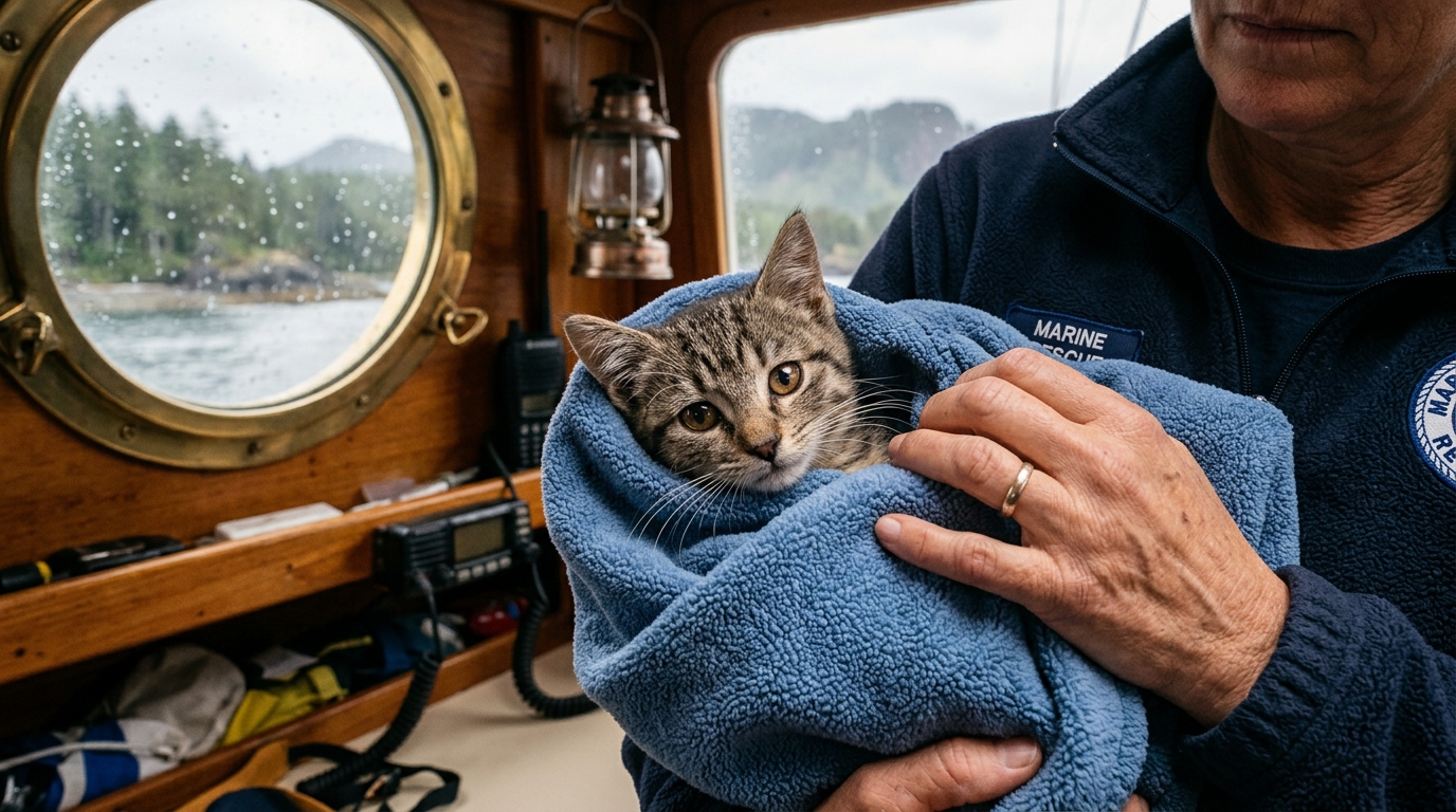 Un chaton apeuré mais sauvé à bord d'un bateau
