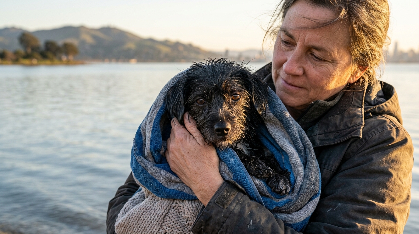 Un petit chien trempé enveloppé dans une couverture après son sauvetage dans l'eau