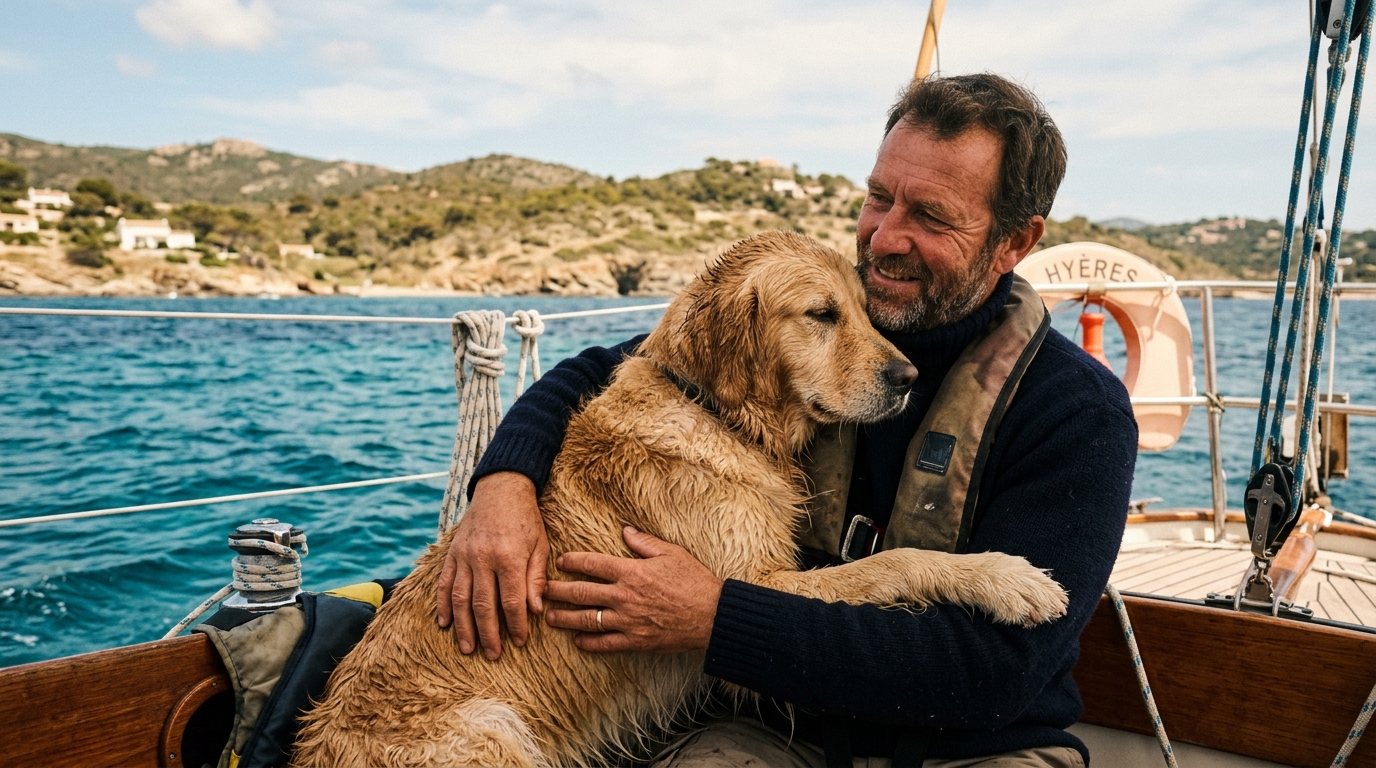 Un chien de sauvetage réconforté sur un voilier près de la côte de Hyères