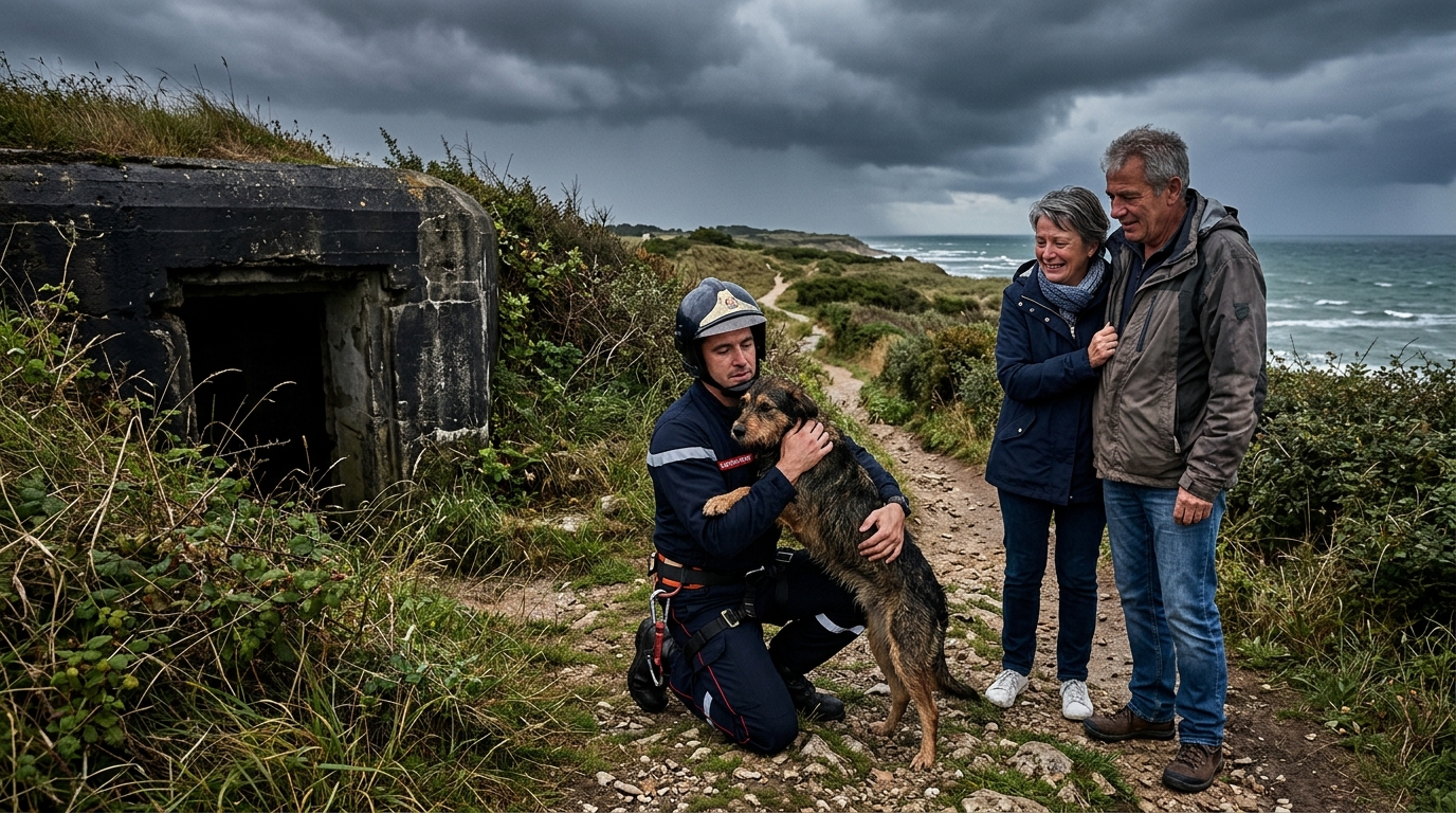 Un pompier français rassure un chien sauvé d'un blockhaus près du sentier littoral.