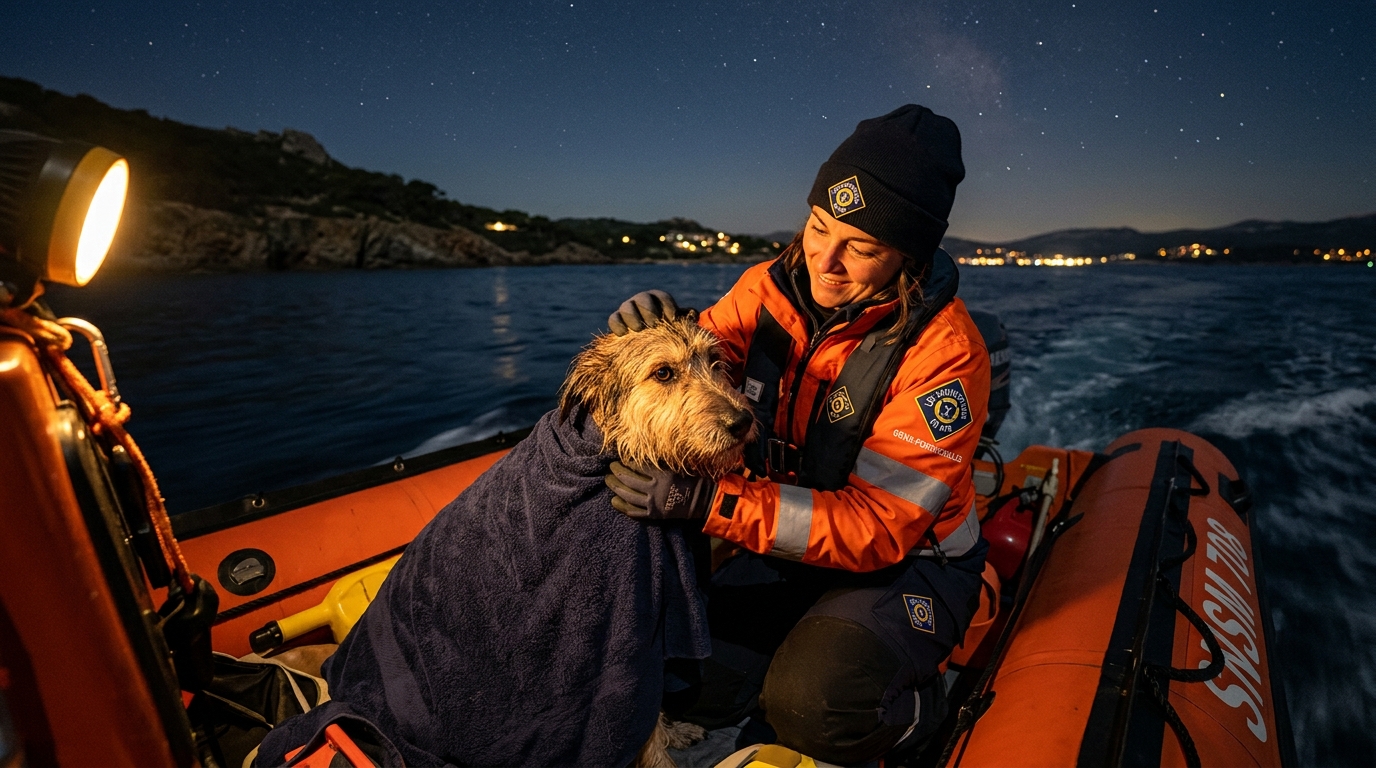 Un chien secouru sur un bateau de sauvetage en mer près de la presqu’île de Giens.