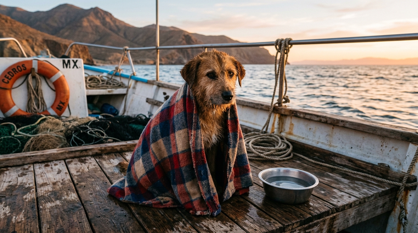 Un chien mouillé et sauvé des eaux à bord d'un bateau de pêche au Mexique.