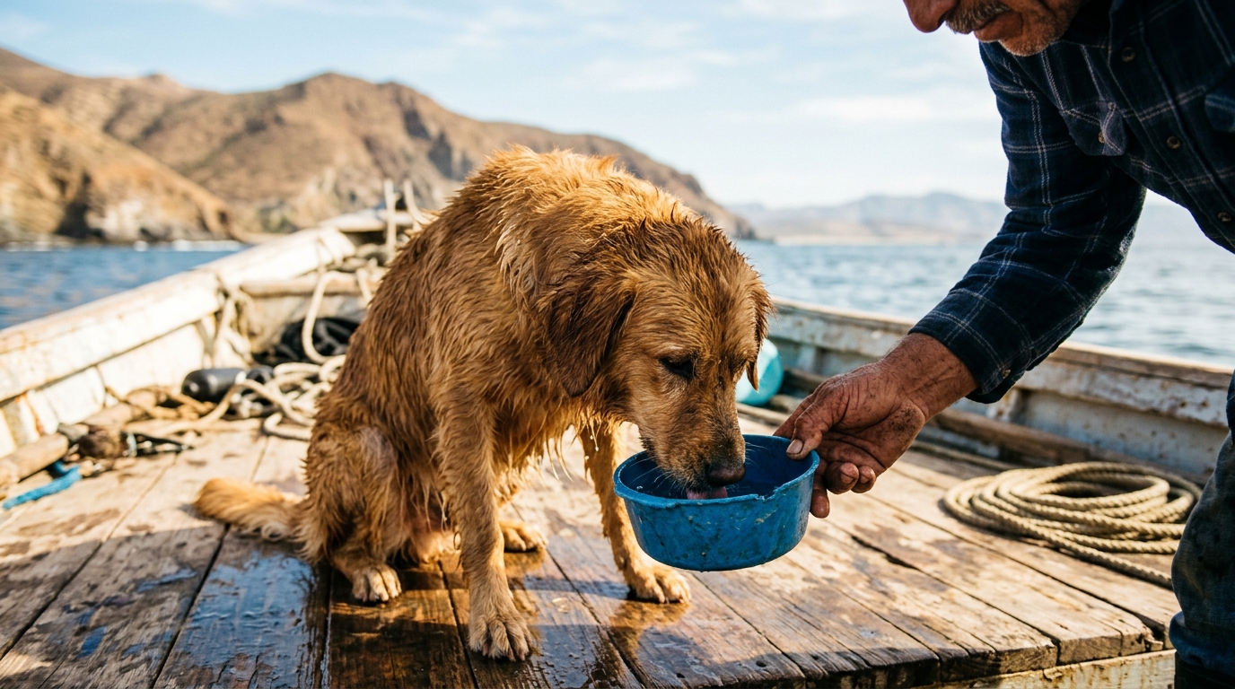 Un chien trempé secouru à bord d'un bateau de pêche en mer