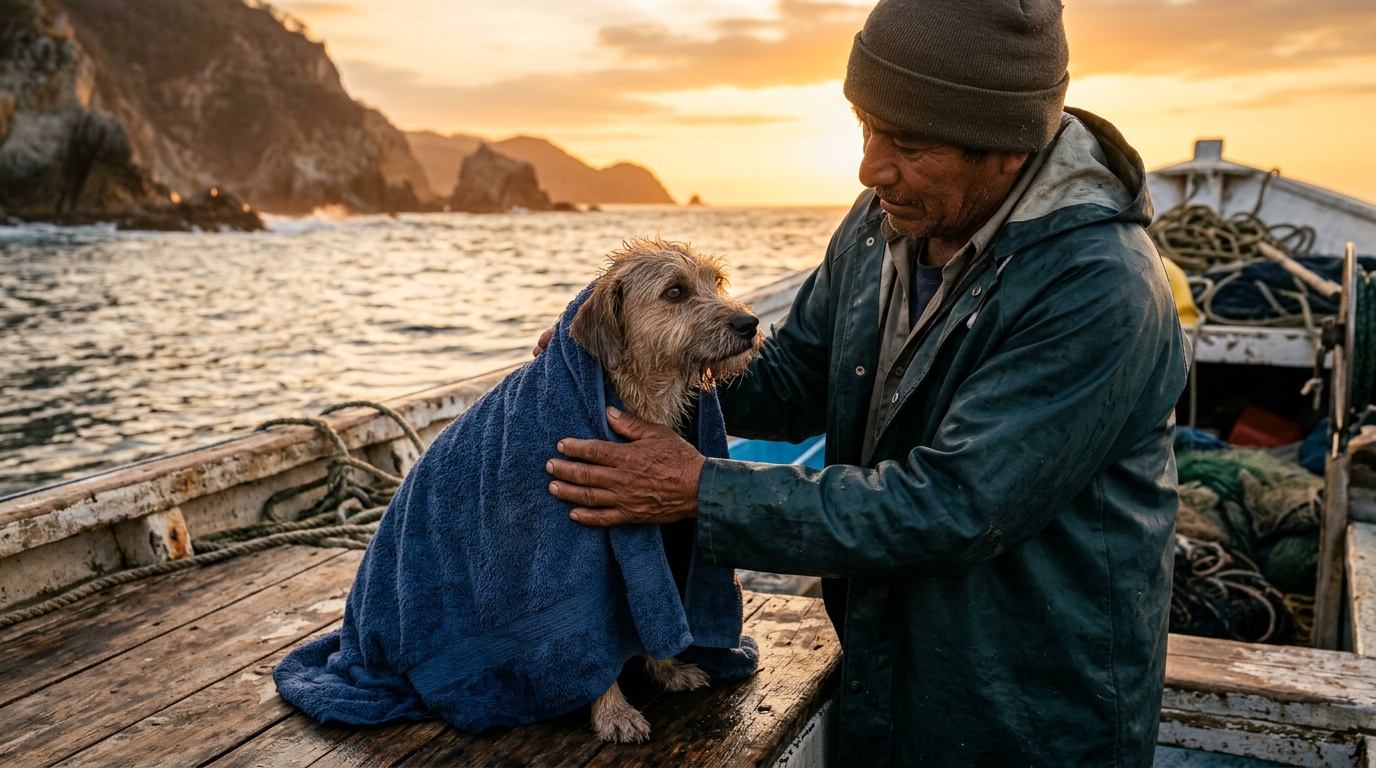 Un chien secouru à bord d'un bateau de pêcheurs en mer au large du Mexique