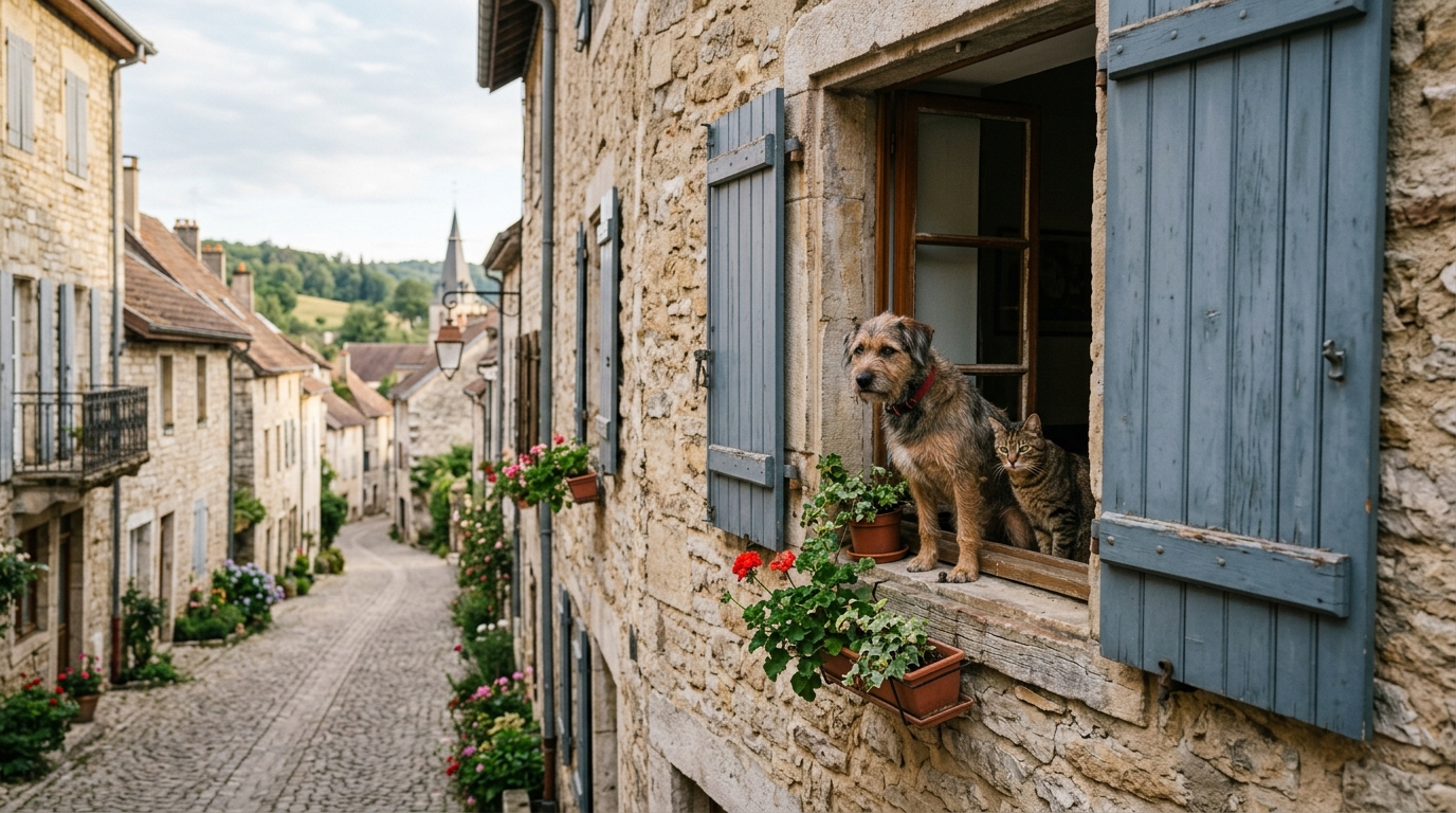 Une chienne et un chat regardent par la fenêtre d'un appartement en France