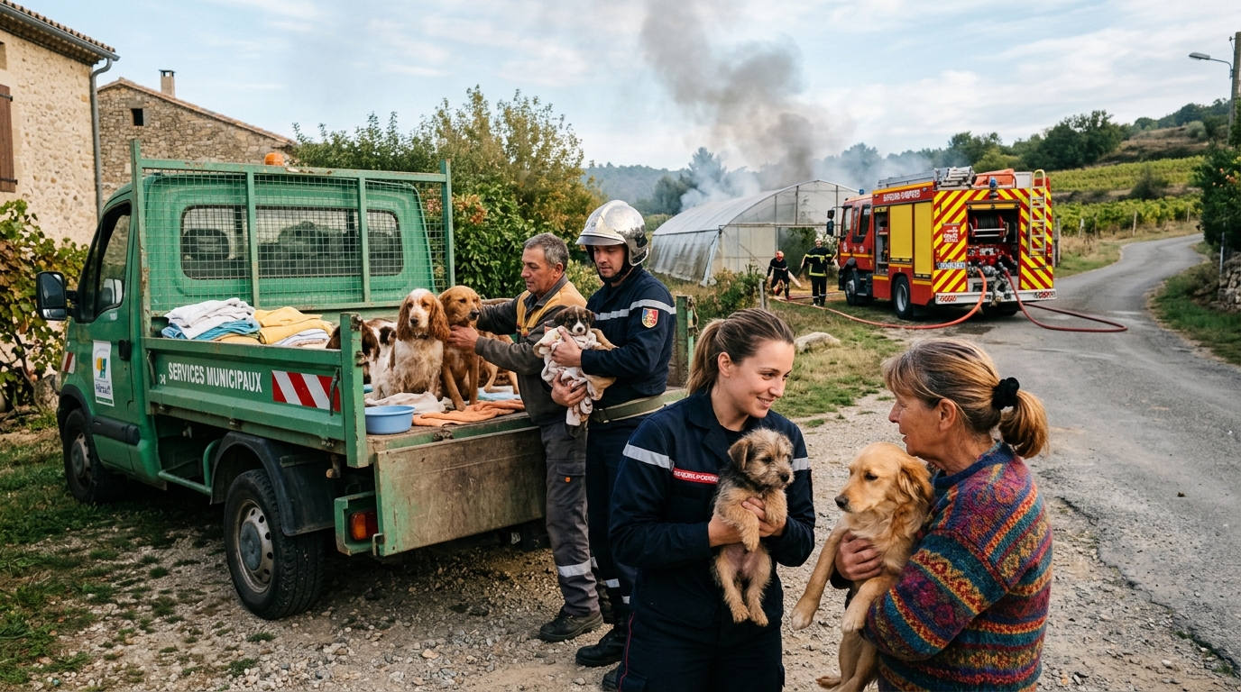 Villageois et pompiers sauvant des chiens et chiots lors d'un incendie dans l'Hérault
