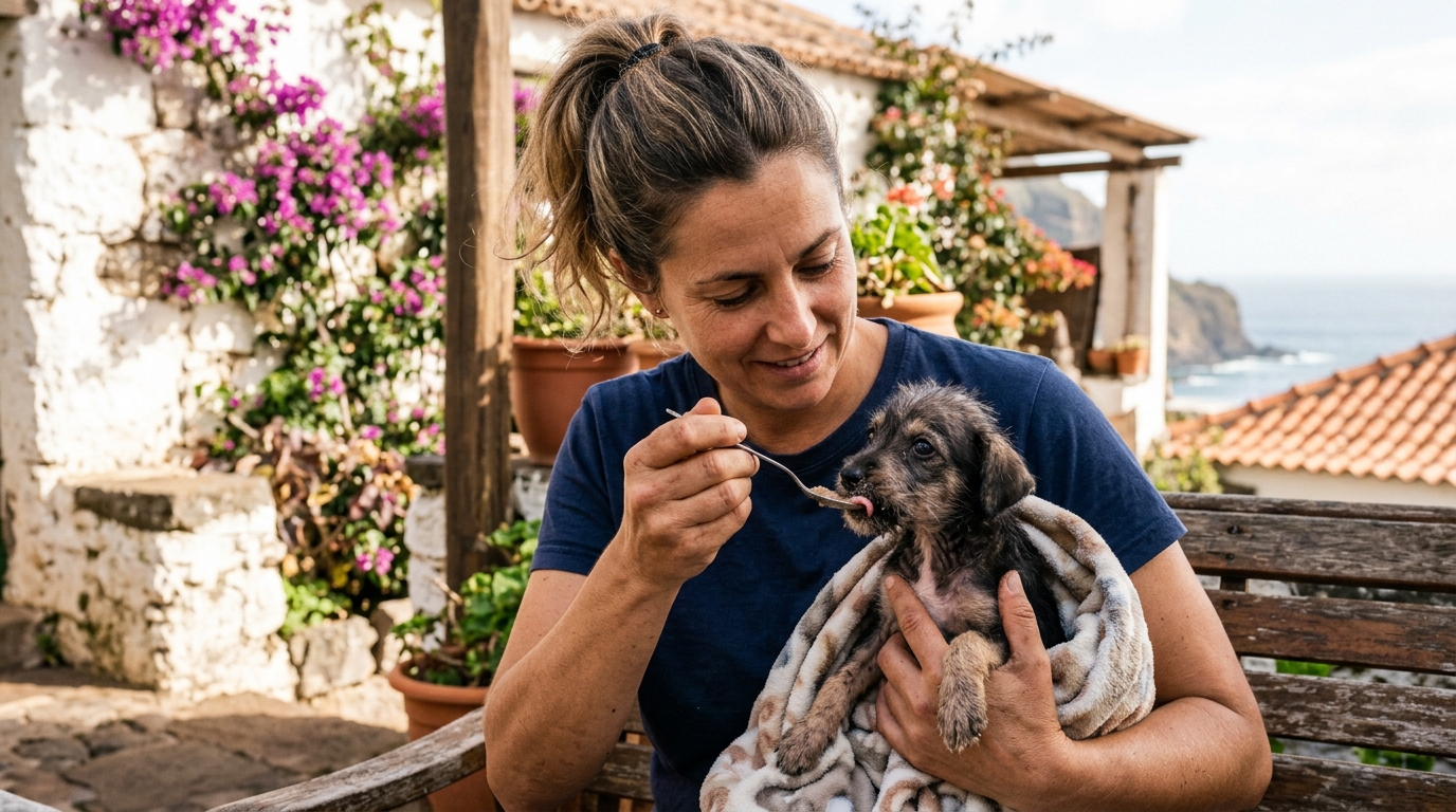 Un bénévole réconforte un jeune chien secouru dans un refuge à Madère.