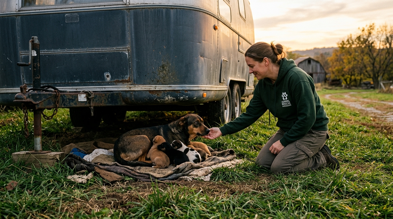 Une bénévoles s'approche doucement d'une chienne et ses chiots sous une caravane