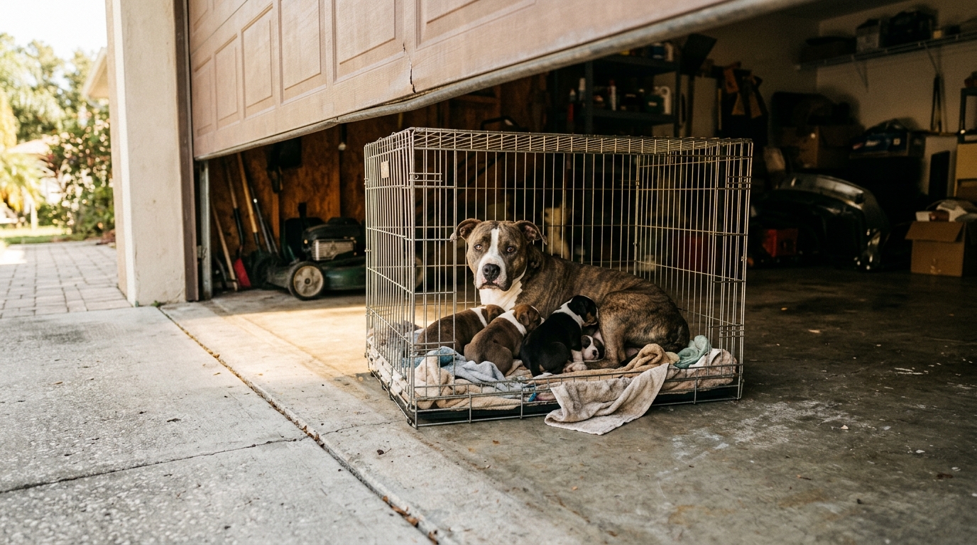 Une maman chien American Bully et ses chiots assoiffés sauvés d'un garage surchauffé