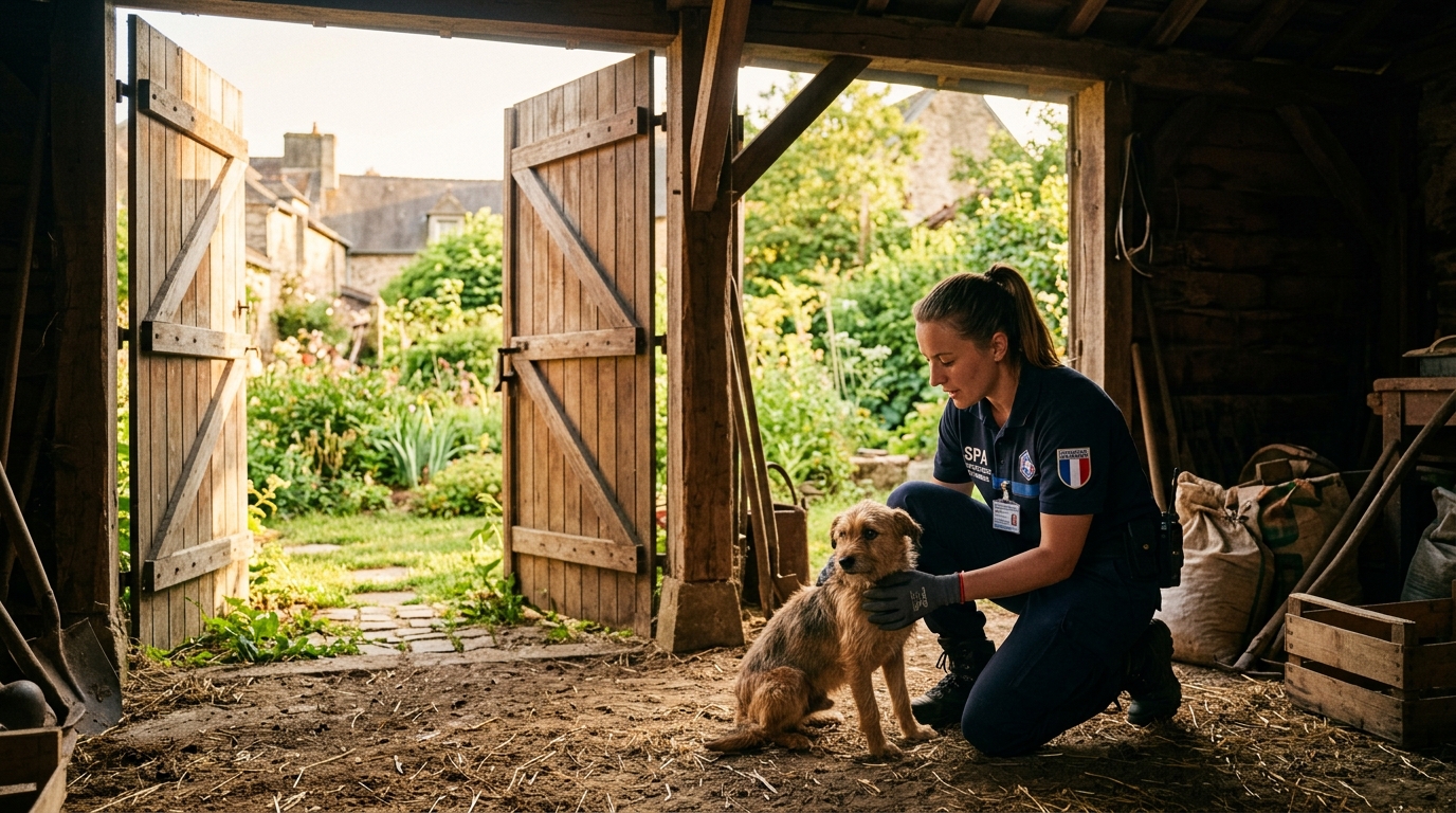 Un agent de la SPA réconforte gentiment un chien apeuré sorti d'un garage sombre
