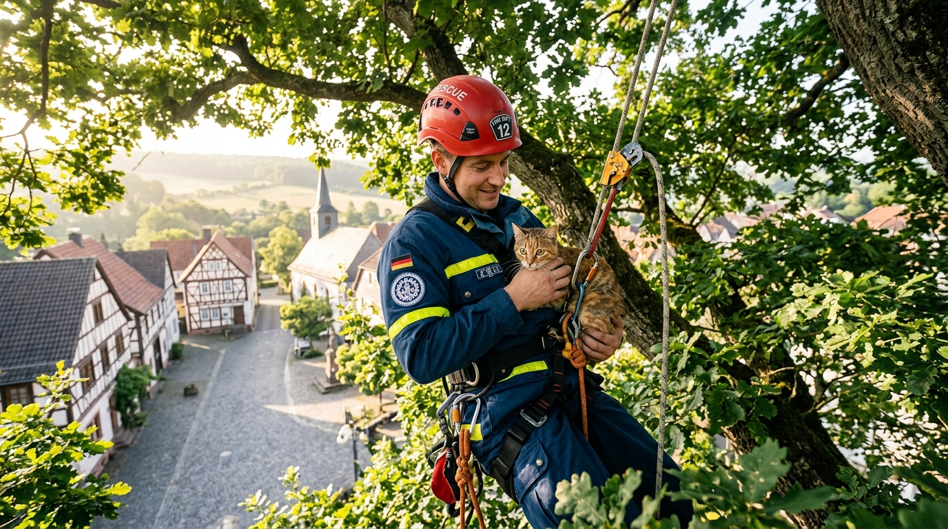 Un pompier du GRIMP secourt un chat coincé dans un grand arbre