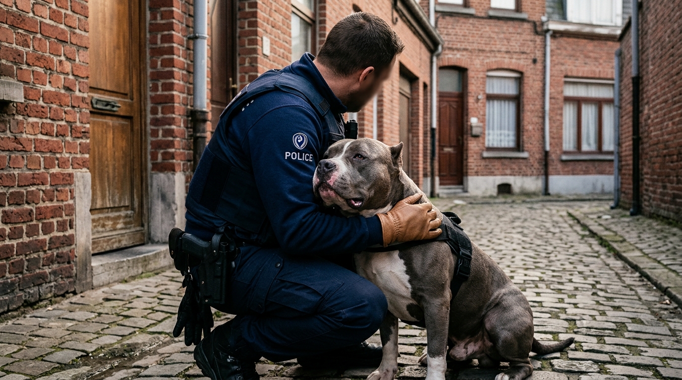 Un chien American Bully secouru par les forces de l'ordre dans une ville européenne.