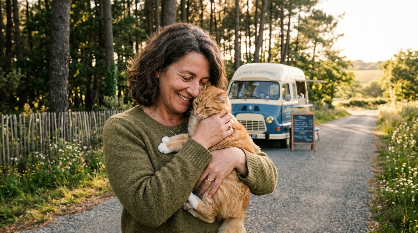 Une femme réconforte son chat après l'incendie de sa maison en Gironde.