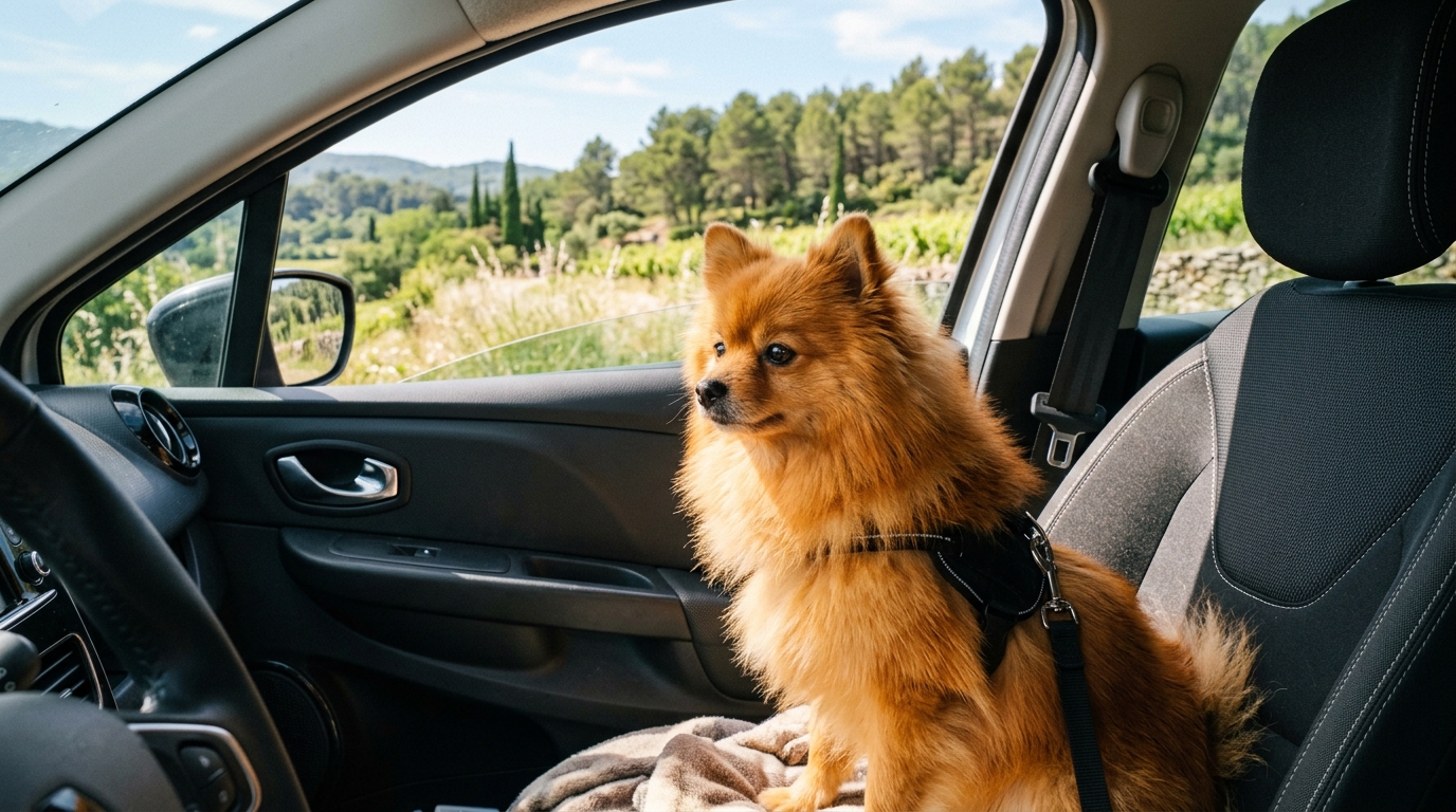 Un petit Spitz allemand roux assit en toute sécurité à l'intérieur d'un véhicule sur une route en Provence.