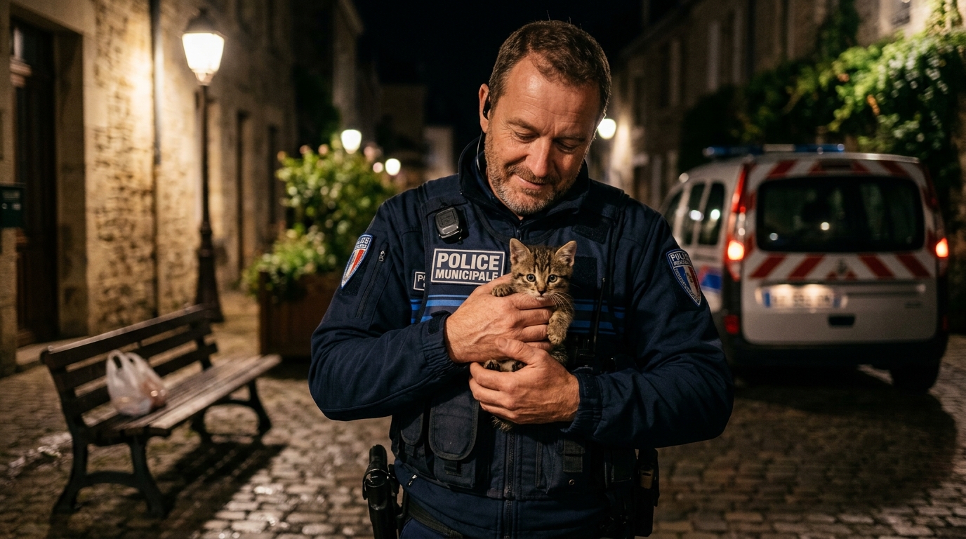 Petit chaton tigré blotti en sécurité après avoir été secouru par la police