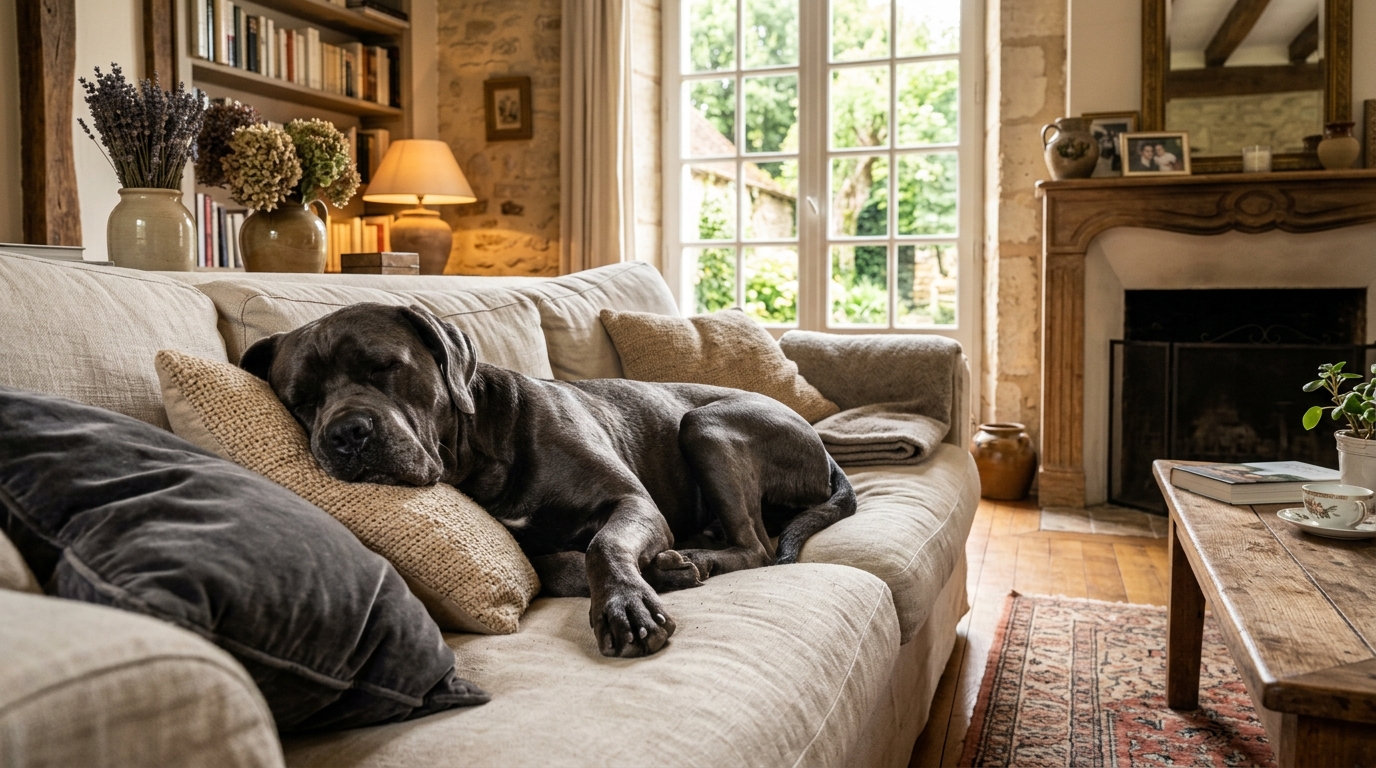Un chien Cane Corso imposant et paisible couché confortablement dans un salon chaleureux.