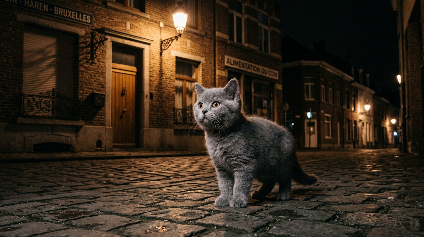 Un jeune chat British Shorthair gris assis près d'une rue la nuit à Haren, Bruxelles.