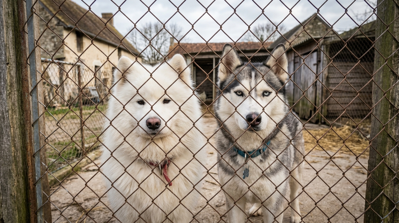 Un Samoyède et un Husky attentifs derrière le grillage d'un refuge animalier.